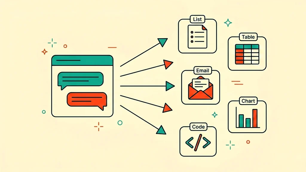AI প্রম্পটের Output Format-এর প্রকারভেদ — বুলেট পয়েন্ট, টেবিল, ইমেইল, কোড এবং চার্টের মধ্যে একটি তুলনামূলক ডায়াগ্রাম