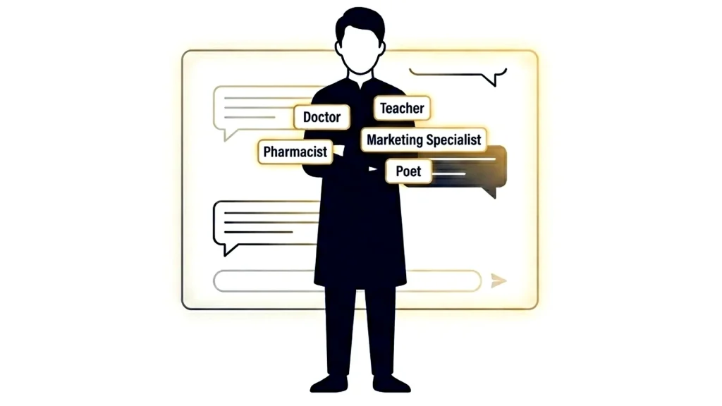 AI প্রম্পটে Role নির্ধারণ — একটি চরিত্র বিভিন্ন পেশার ব্যাজ পরে আছেন, যা Persona Priming কৌশল দেখাচ্ছে