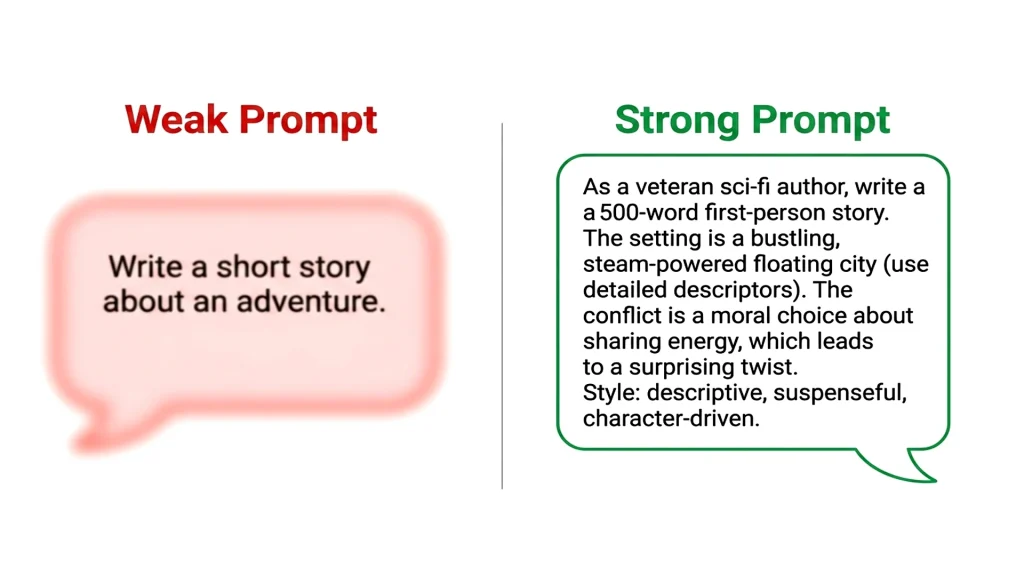দুর্বল বনাম শক্তিশালী AI প্রম্পটের তুলনা — বাঁয়ে অস্পষ্ট প্রম্পট, ডানে Context ও Task সহ পরিষ্কার প্রম্পট